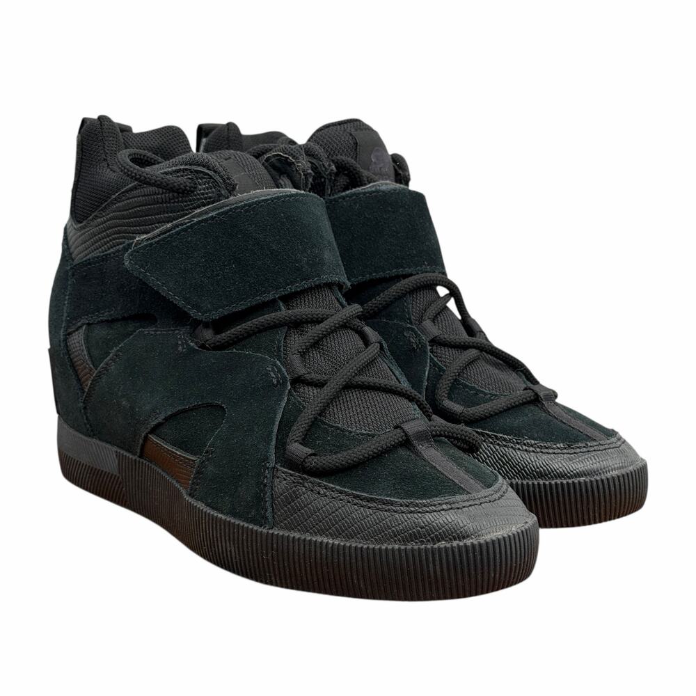 Sorel Out n About High Top Sneaker Women 7.5 Black Suede Hidden Wedge NL4928-010